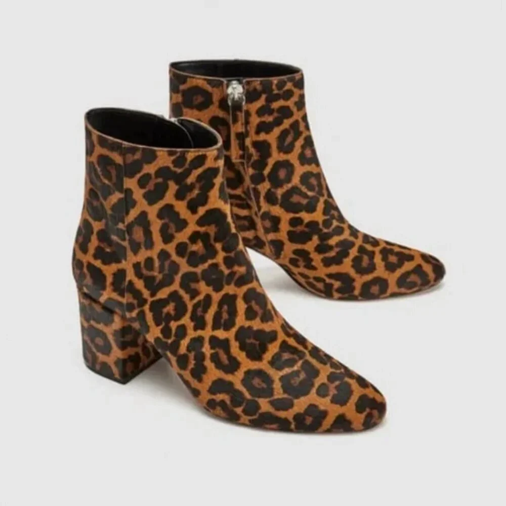 Zara Heeled Boots High Heel Ankle Boots Pony Hair Animal Cheetah Print Brown 6.5
